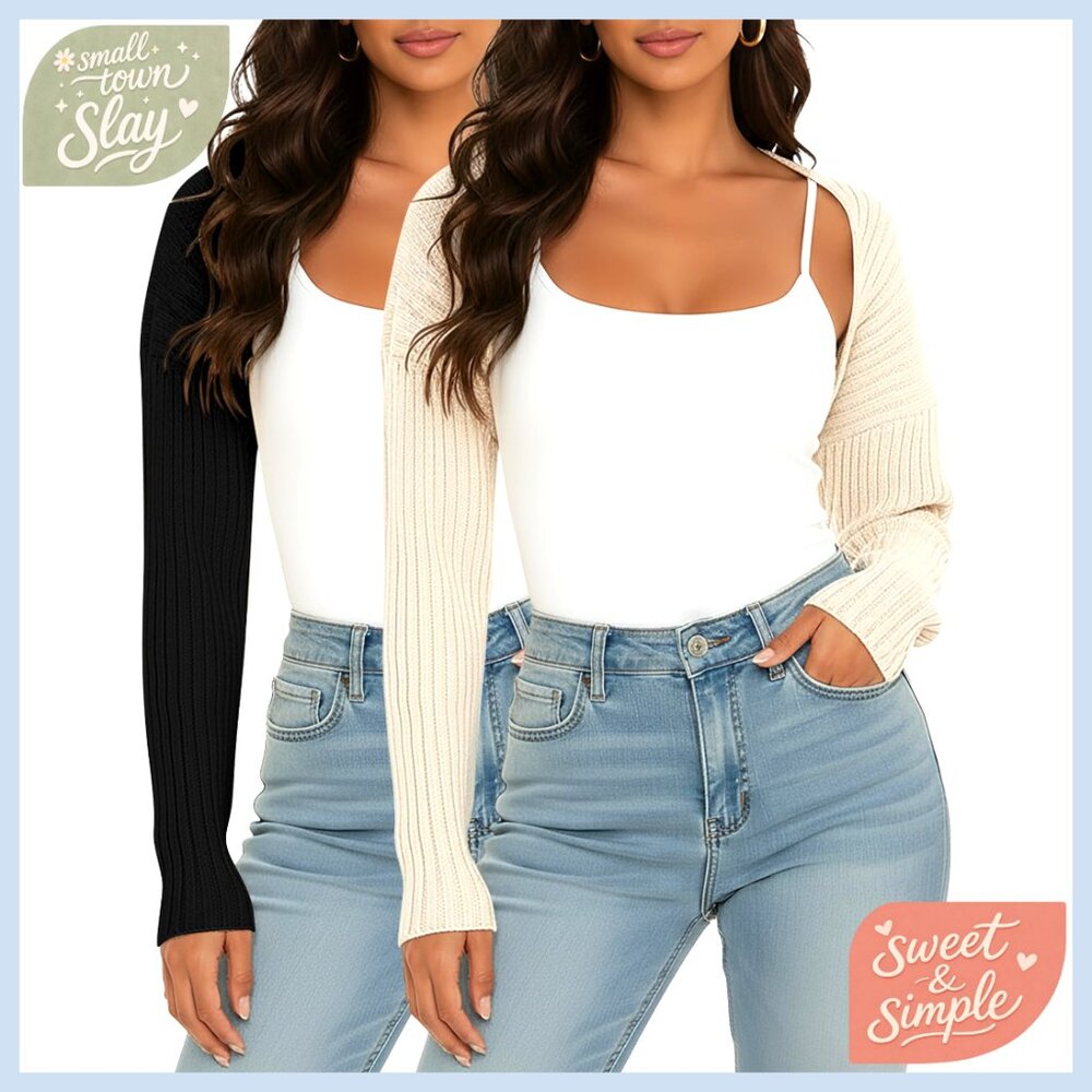 2 Pack Cropped Cardigan Shrugs Open Front Long Sleeve Y2K Winter Layering - Picture 1 of 7